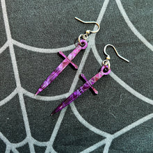 Load image into Gallery viewer, Purple Pearl Dagger Earrings