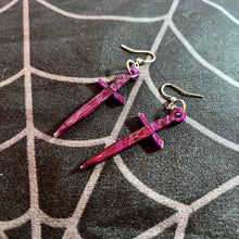 Load image into Gallery viewer, Purple Pearl Dagger Earrings