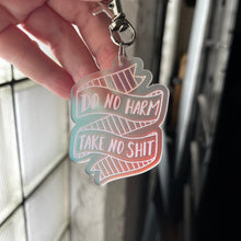 Load image into Gallery viewer, Do No Harm Take No Shit Frosted Iridescent Keychain
