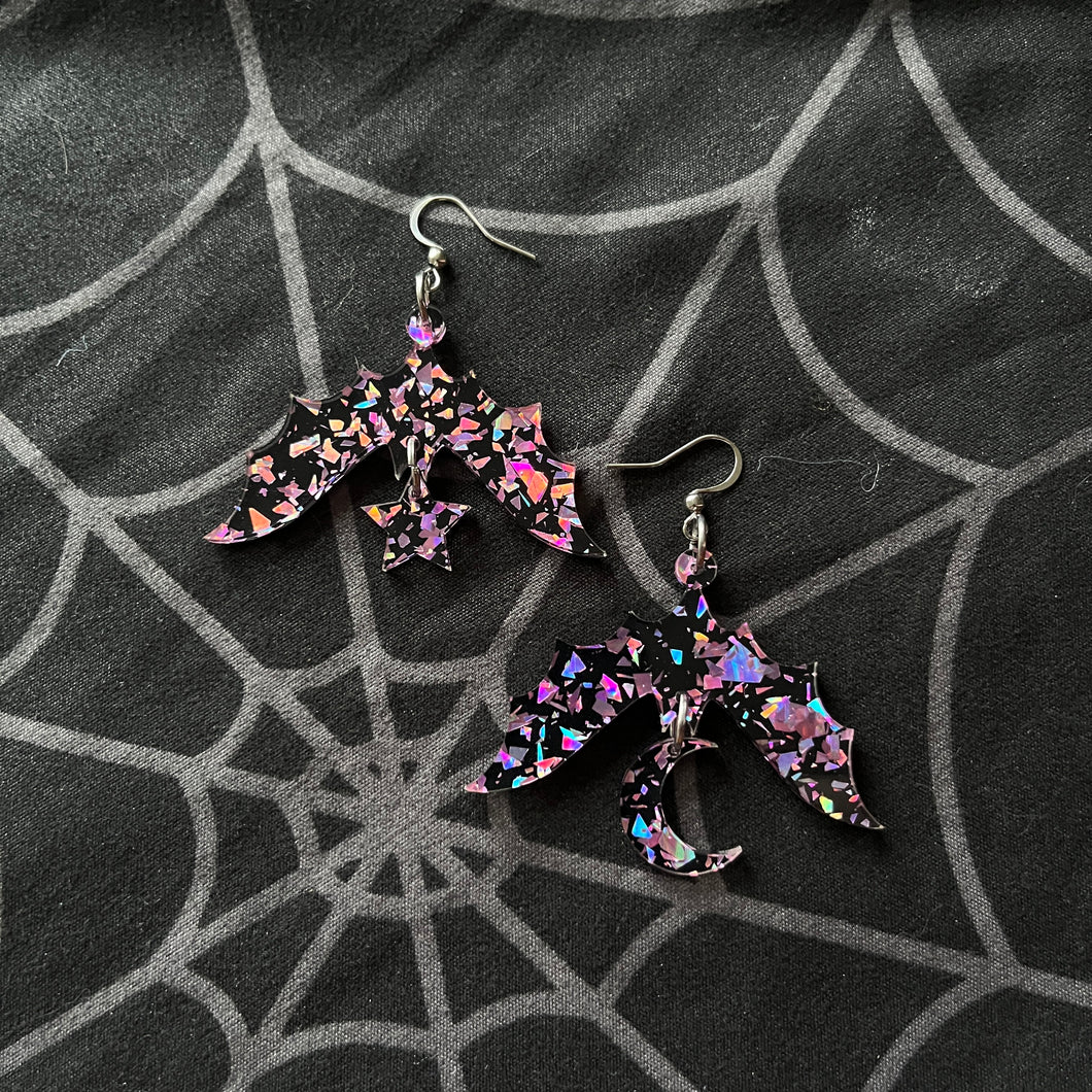 Chunky Pink & Purple Glitter Bat Earrings (MTO)