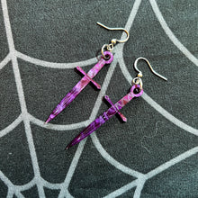 Load image into Gallery viewer, Purple Pearl Dagger Earrings
