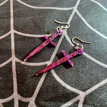 Load image into Gallery viewer, Purple Pearl Dagger Earrings

