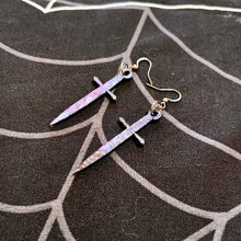 Load image into Gallery viewer, Oil Slicked Galaxy Dagger Earrings

