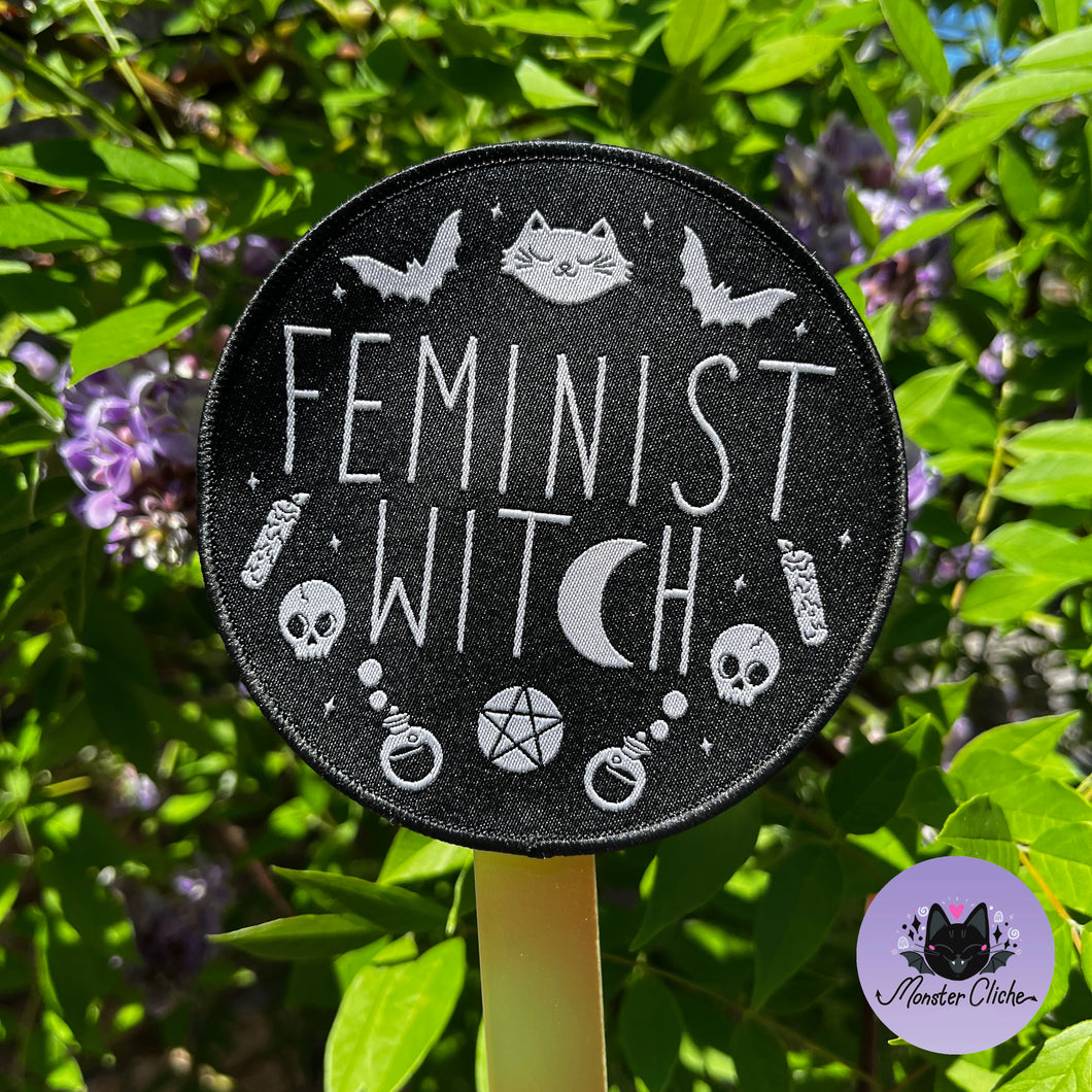 Feminist Witch Embroidered Woven Iron On Patch ~ Black Variant ~