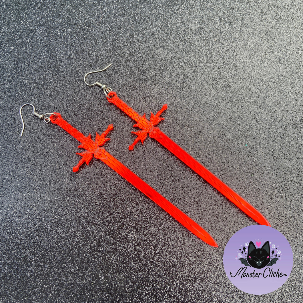 Bright Red Mirrored Sword Earrings or Pendant (MTO)