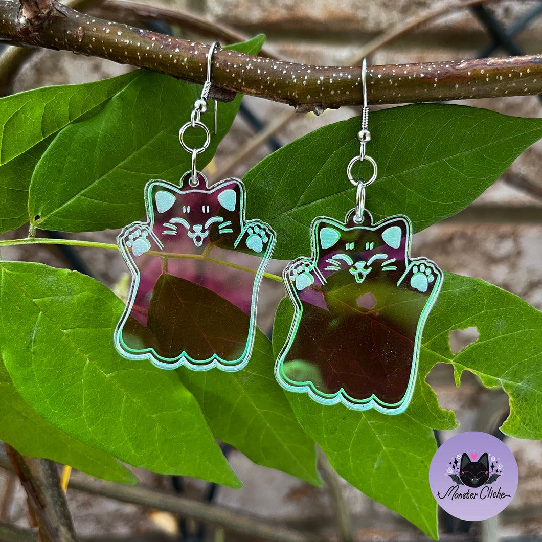 Iridescent Ghost Kitty Earrings